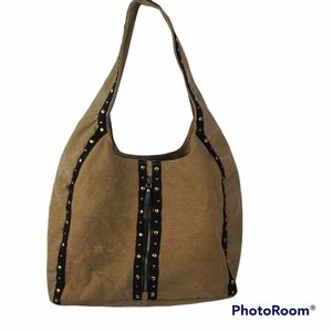 Mona B Canvas Shoulder Bag "Wild Streak" Tan & Brown NWOT Pockets Studded Zipper